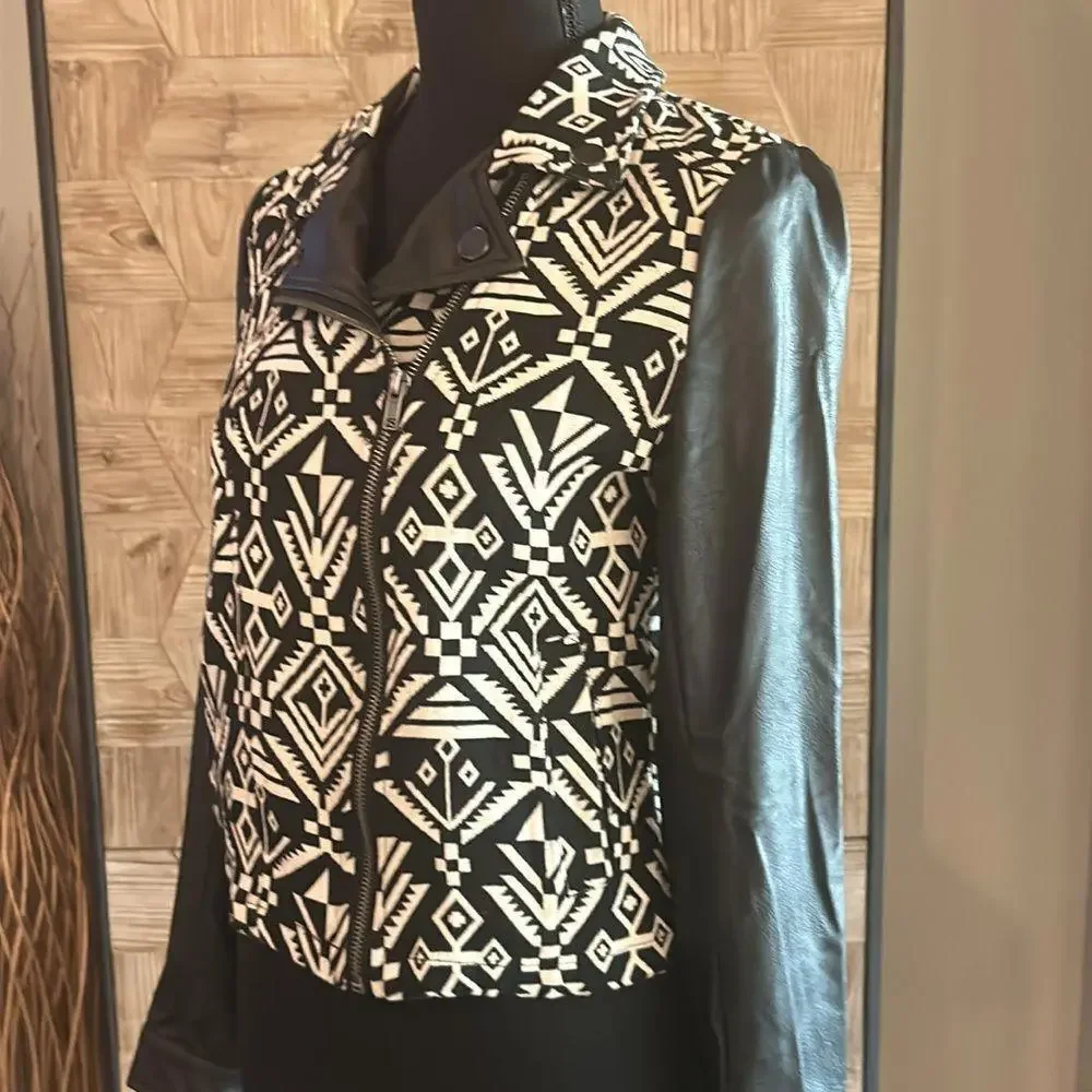 Blu Pepper Womens Moto Jacket Small Black White Aztec Print Bohochic - Picture 4 of 9